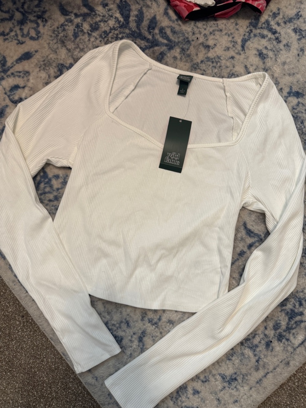wild fable White Ribbed Long-Sleeve Square Neck Crop Top. NWT.